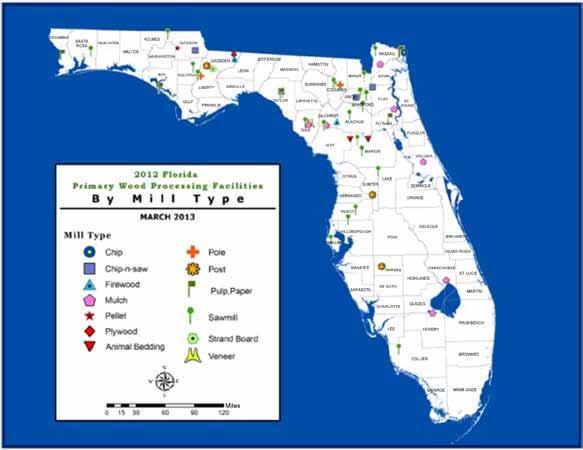 Florida Primary Wood Mills: Mills in Florida by Type and Number, 2012 Mill Type (continued) Number of Mills Total 58 Pole... 3 Firewood... 2 Horse Bedding... 2 Plywood... 2 Chip... 1 Pellet.