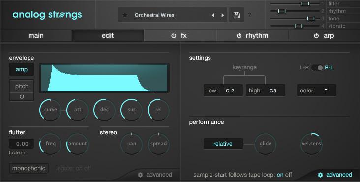 OWNER S MANUAL 5 3 - LOOP EDIT ADVANCED PAGE In the Advanced menu, you can set the key range, swap stereo perspective (for orchestral sources), adjust the glide time, dial in velocity sensitivity,