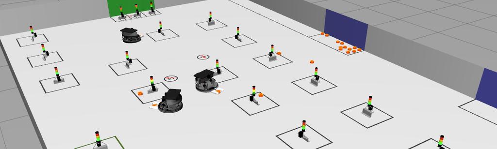 Fig. 3. The simulation of the LLSF in Gazebo. The circles above the robots indicate their localization and robot number. expandability and allowing multi-robot strategy evaluation.