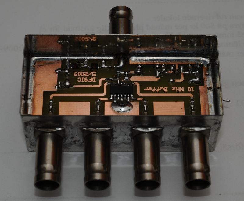 10 MHz distribution amplifier MAX 4022 (quad video buffer) with lowpass filter at the input 5 V regulator