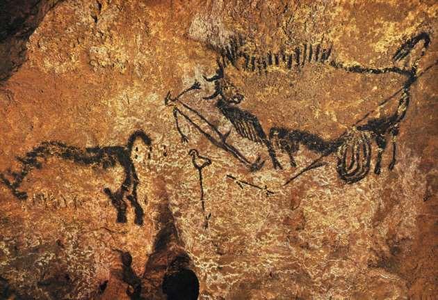 WELL PAINTING AT LASCAUX CAVES Earliest appearance of a male figure Rhino is very realistic Bison is depicted a bit distorted and angry