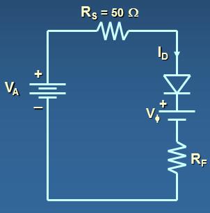 Example: Assume the diode is a low-power diode with a forward resistance value of 5 ohms. The barrier potential voltage is still: V = 0.