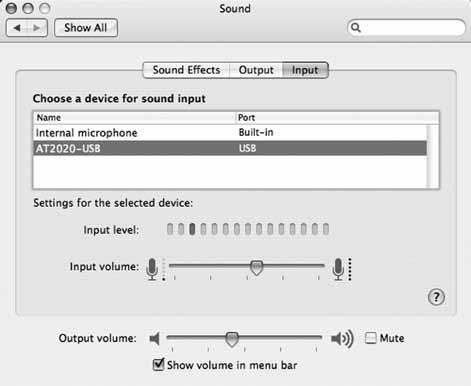 Preliminary setup with Mac OS X (continued) 4. Click the Input tab and select the USBPRO as the device for sound input.