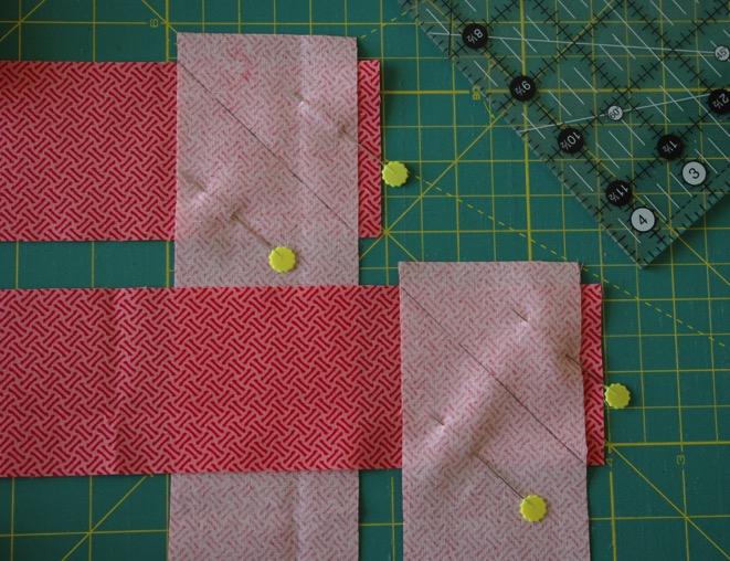 TO MAKE BINDING: Cut five 2 ½" WOF strips. Place two strips ends RST to form a cross.