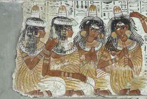 The four musicians and singers with their song written above them (detail),banquet Scene, Tomb Chapel of Nebanum, c. 1350 B.C.E.