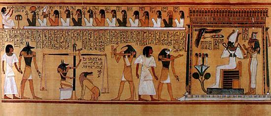 Many of the stories came from the BOOK of the DEAD showing the deceased being led by Anubis (far left), to the weighing of his heart on the Scale of Justice.