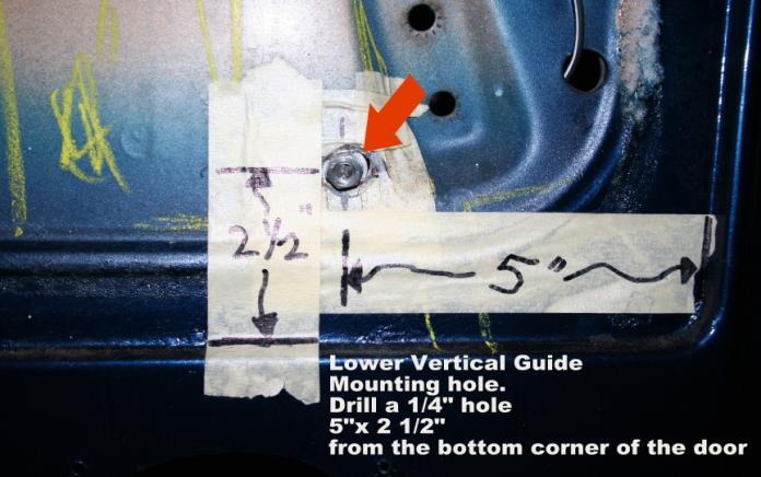 Lower Lower Mounting hole. Drill ¼ hole where the red arrow is marked on the picture. For reference Notice the two holes right above, they are the original holes for the old vent glass assembly.