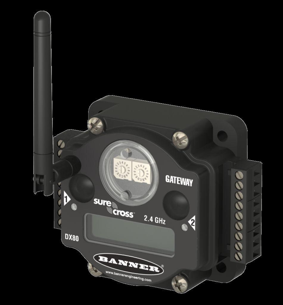 Configurable DX80 that uses the DIP switches to automatically map inputs from up to six Nodes (or Wireless Q45 Sensors) to the 's outputs DX80.