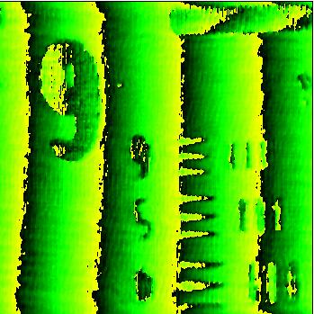 Fig. 49, Phase Image (88 µm, 360 pixels per side) USAF Resolution Target G7E4-6 Measurements made of the depth of the metal film ranged from 120-160 nm.