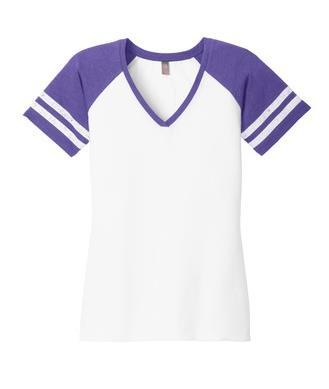 District Made Ladies Game V-Neck Tee Distressed printed stripes on the sleeves give this tee a retro, sporty look. 4.