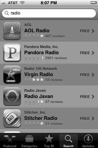 5. The Info screen showing the radio apps appears, as shown in Figure 22-1, along with price information to the right of each app name. Tap the radio app you want to download and install.