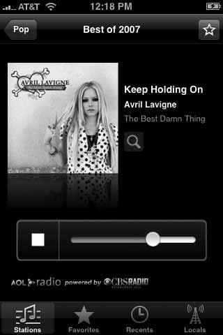Press the Home button when you want to stop listening to AOL Radio, or tap the back button in the upper-left corner of the screen to view other stations.