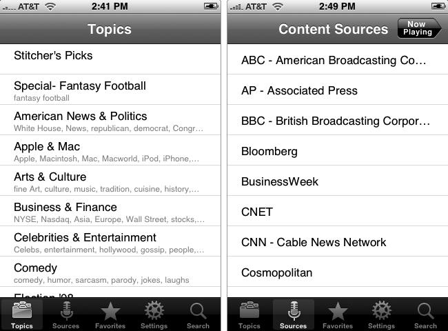 2. Tap Topics or Sources at the bottom of the screen to view a list of available topics or sources, as shown in Figure 22-9.