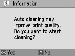 You see a confirmation screen: 6 Check the pattern to see if there are any gaps or missing lines. OK 5 Press OK again to clean the print head. Cleaning takes about 60 seconds.