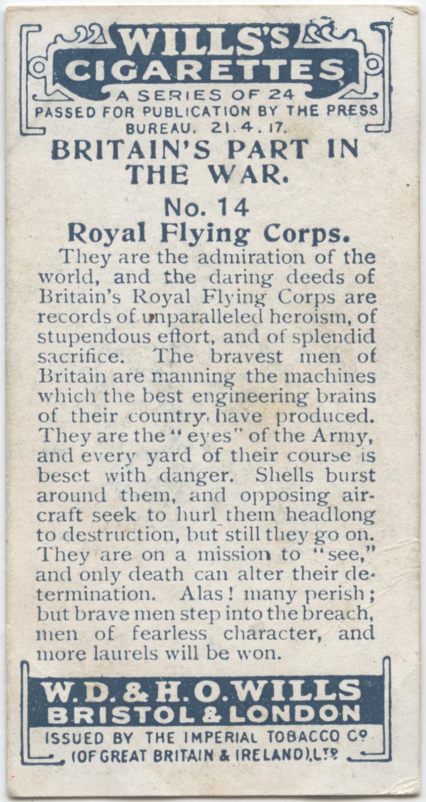 Britain s Part in the War: Royal Flying Corps, Wills Cigarette card