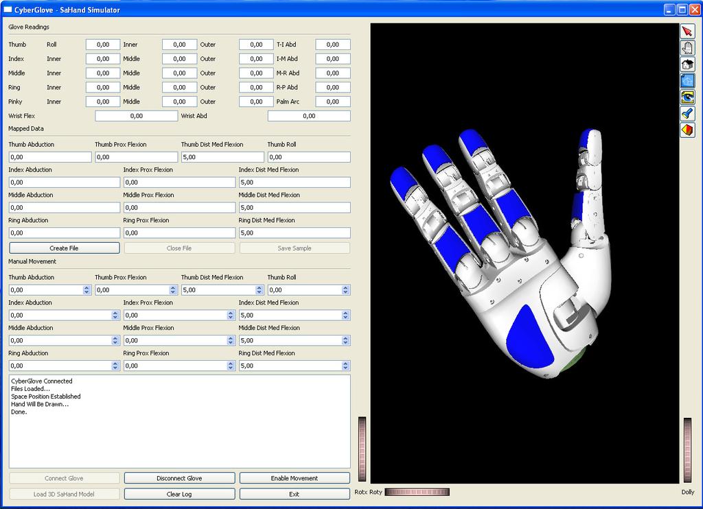 Hand Simulation Module GUI Input Device Mapping 3D Model Display Save Linear Glove Load Move Data Config Communication with the device CG Development Lib Qt Network (Remote) Joint Thumb Index Middle
