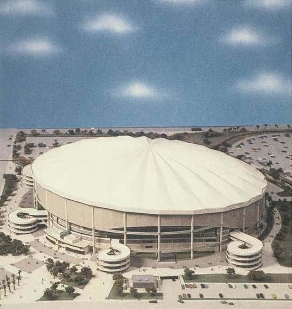 Figure 6. Sun Coast Dome. Figure 7. A schematic of stadium showing the basic roof framing system. a very stable base for the concourse and upper raker beam (Fig. 5).