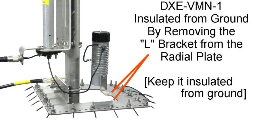 Figure F-1 - Feedline connection using an optional DXE-112-KIT SO-239 Chassis Mount with the optional DXE-RADP-3 Radial Plate When tuning a monoband vertical antenna with the DXE-VMN-1, the same