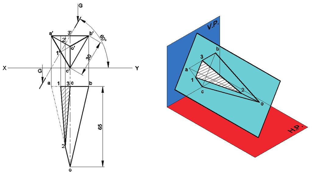 Engineering Graphics Example 5.6 : A triangular pyramid is resting on one of its base corners on the ground, such that its 30 mm base side on top is parallel to HP.
