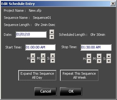 1.6 Edit Schedule Entry 1.6.1 Double-click the colored bar in the editing panel to open the Edit Schedule Entry dialog for that sequence. 1.6.2 The Edit Schedule Entry dialog shows all the schedule information for the selected sequence.