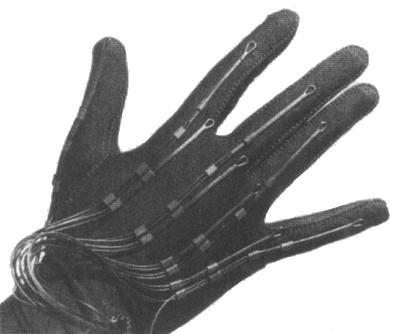 VPL Research Inc.: - DataGlove Figure 18: DataGlove 1. Consists of a Lycra glove with optical fibres running up each finger with photodiode at one end and light source at other. 2.