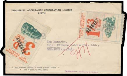 Prestige Philately - Auction No 168 Page: 10 934 C B Lot 934 1951 New Designs (Trains & Buses) 3d & 1/3d both overprinted 'BUNBURY' affixed to face of IAC cover