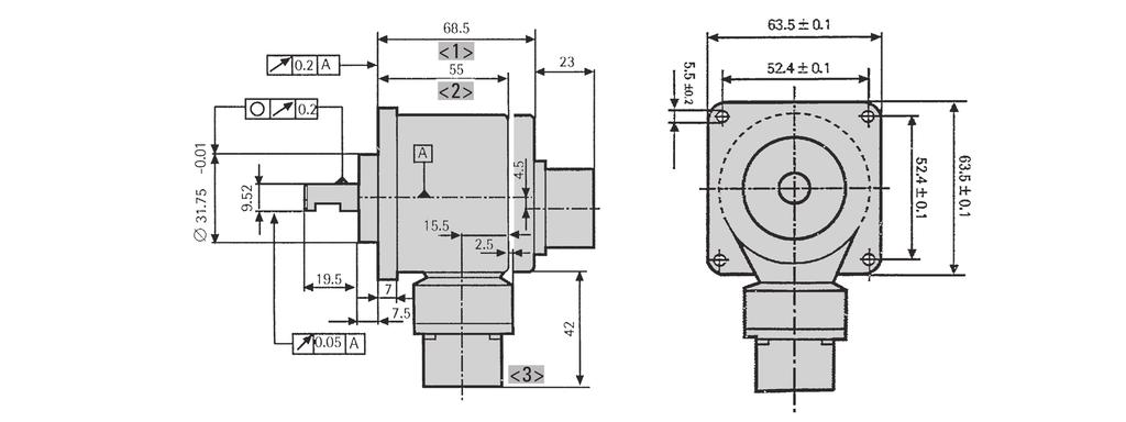 DIMENSIONED DRAWINGS (continued) Square flange, 63,5 mm x 63,5 mm (2,5'' x 2,5') <> axial <2> radial <3> MS 6-0 pole Dimensions in mm Square flange 80 x 80 mm <> L, L2 see clamping flange Cable