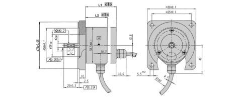 DIMENSIONED DRAWINGS (continued) Square flange 80 x 80 mm <1> L1, L2 see clamping flange Cable bending radius R for flexible installation 100 mm Cable bending radius R for fixed installation 40 mm