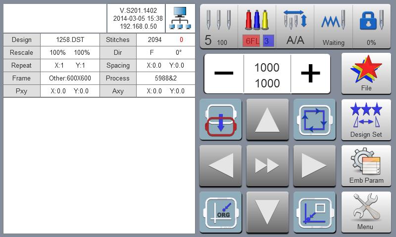 Part 4 Embroidery Card 4.1 Embroidery Status Switching It has 3 embroidery statuses, i.e. preparation status, working status and running status. It can take status switching via keys on interface.