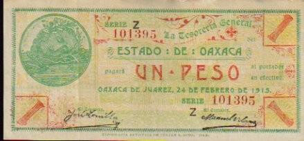 17. Who's portrait graces the reverse of this 1 peso Oaxaca note of the Mexican Revolution? a. Juarez b. Madero c. Hidalgo d. Pancho Villa 18.