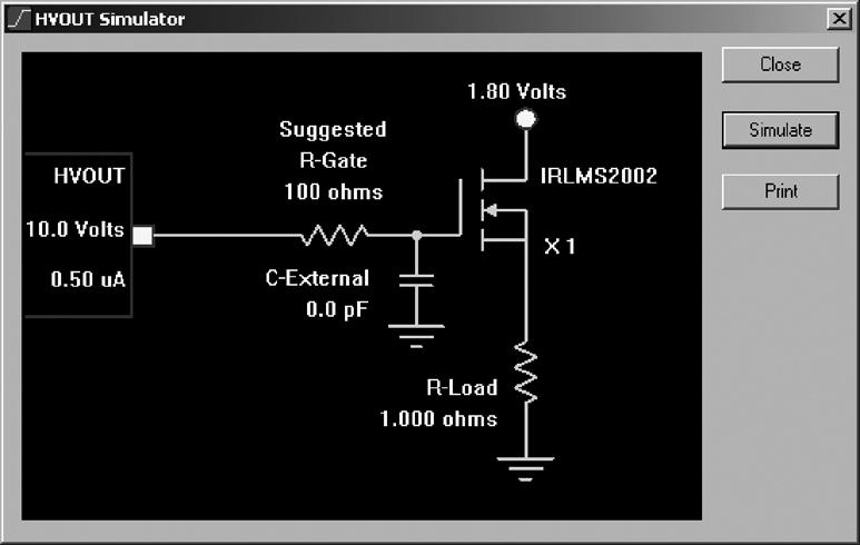 Figure 2. HVOUT Simulator Interface Making Changes to the Circuit The HVOUT_Sim interface is similar to PAC-Designer in that the user can double-click on hot-spots to edit values in the schematic.