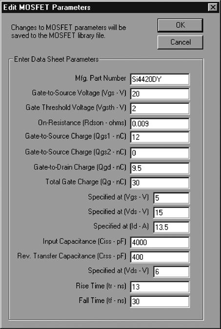 Selecting the MOSFET The MOSFET to be used in the simulation can be selected by double-clicking on the symbol or part number text to bring up the MOSFET Library dialog box that is shown in Figure 9.