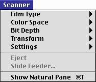 Macintosh (Mac OS 9) Scanner (displayed only when scan window is active) Settings Tools Help Film Type Copy, save, load, delete, or reset settings for all tool palettes or for selected tool palettes.