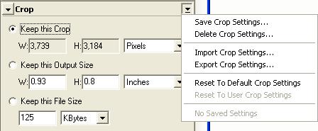 User Crop Settings Description Copy current crop settings to the clipboard. These settings can then be pasted into the Crop palette by selecting Paste from the Edit menu.