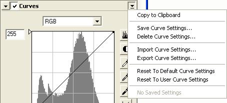 The Curves Settings Menu Clicking the triangle in the top right corner of the Curves palette displays the curves settings menu.