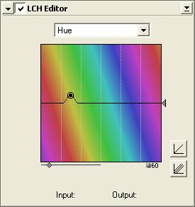 The Hue Editor The controls for editing hue are unique, consisting of a rainbow-colored background bisected by a horizontal line which represents the hues (colors) in the original image (input