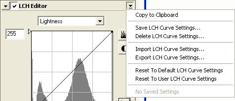 The LCH Editor Settings Menu Clicking the triangle in the top right corner of the LCH Editor palette displays the LCH Editor settings menu.