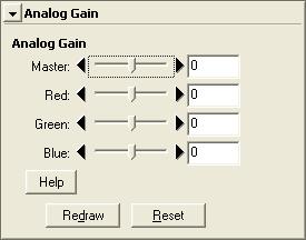 Analog Gain The Analog Gain palette is used to adjust color by modifying exposure for the colored elements in the scanner s light source.