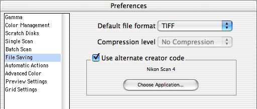 Windows Option Default file format Compression level Use alternate creator code (Macintosh only) Choosing a Default File Format and Creator Description Select the default file format from NEF, TIFF,