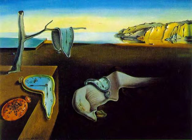 Salvador Dali: In The Persistence of Memory, 1931, Dali painted in extreme precision, grotesque and distorted objects in a dreamlike landscape including limp watches, giant ants and a