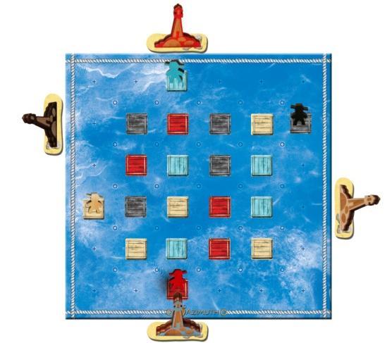 In a 4 player game each player gets 5 rafts, 4 winds of his/her color and four coconuts. 2. Place 16 rafts (4 of each color) face down on the board and shuffle them.