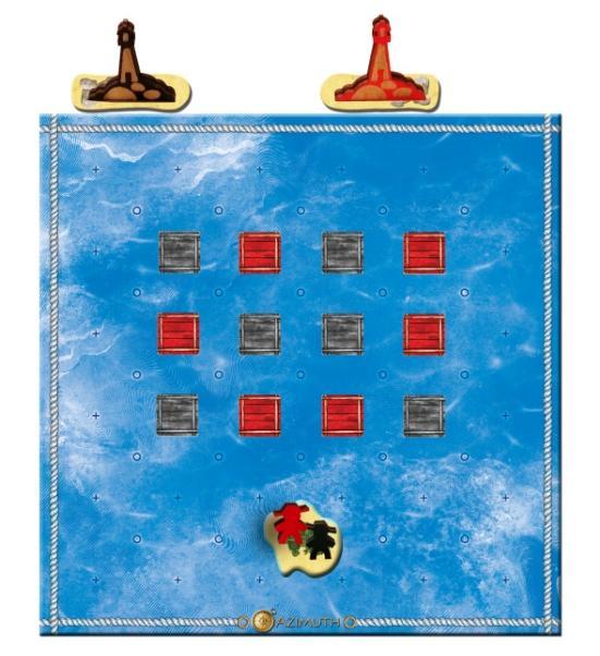 The beach token and lighthouse on it are to be located just outside the board and at the board's opposite side to the island. Decide who goes first in locating the lighthouse.