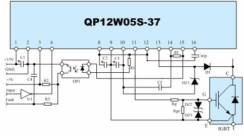 Application Circuit An example application circuit for the QP12W5S-7 hybrid gate driver is shown in Figure.