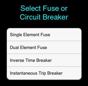 Assuming you have already entered a value for amps in the calculator, selecting one of the four fuses or circuit break types will then perform calculations to