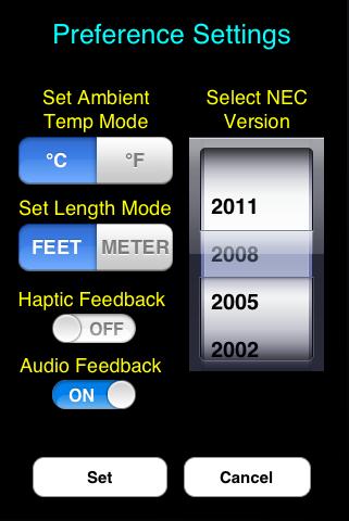 Setting Preferences [Shift][Store] - (Preferences) Set Preferences Use to set calculator preferences including NEC version, F/ C, Feet/Meters, and Haptic Feedback.