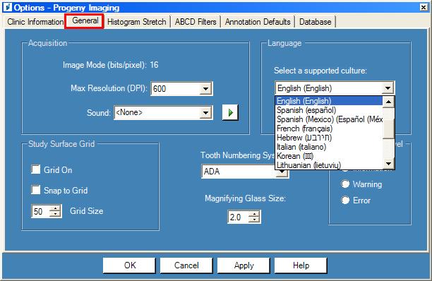 4 Setting up Progeny Imaging Figure 4-2: Options Screen General Tab - Language 3. In the Language area, select a supported culture from the list. 4. Click OK.