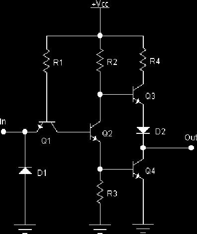 Real TTL circuit Here s how to really make a NOT circuit in TTL Note that the input goes into the emitter, not base, of transistor Q Q acts like a pair of diodes