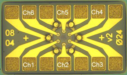 Chi n h2n h3 08 - + a. + 04 Figure 4. Micrograph of 6-channel MCF-matched VCSEL array: left) complete chip; right) magnification of the mesa area. 3.