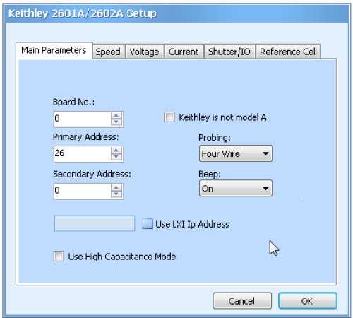 Keithley 2600 Series Settings & Working: Fig: Keithley parameter setting dialogbox Use of High Capacitance Mode Enables the internal high capacitance mode.