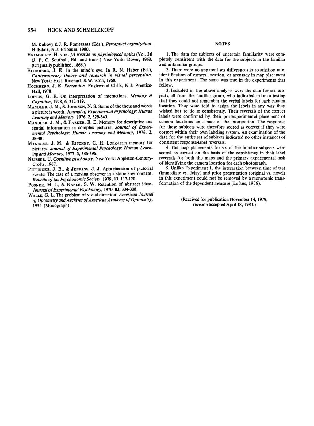 554 HOCK AND SCHMELZKOPF M. Kubovy & J. R. Pomerantz (Eds.), Perceptual organization. Hillsdale, N.J: Erlbaum, 1980. HELMHOLTZ, H. VON. fa treatise on physiological optics (Vol. 3») (1. P. C.
